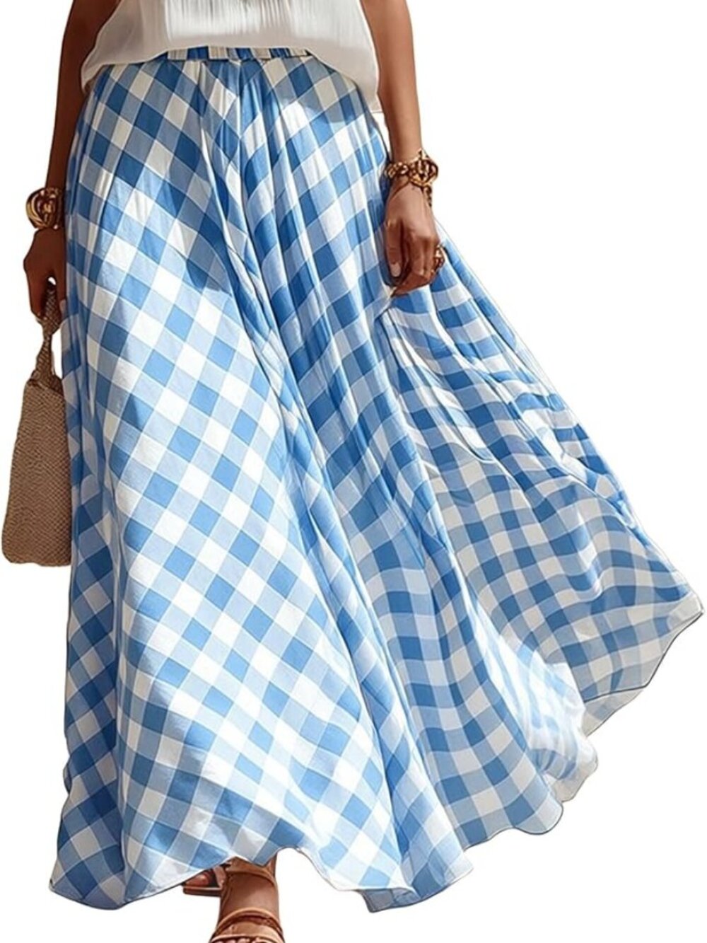Blue Gingham Maxi Skirt - Flowing Summer Maxi